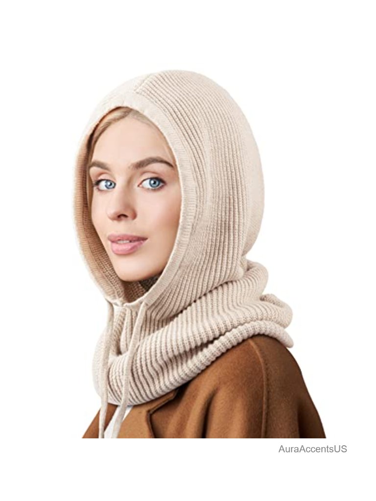 Hooded Scarf Hat Knit Balaclava With Drawstring Warm Winter Beanie